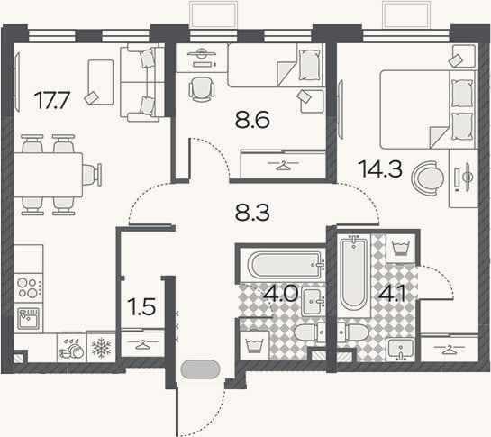 Планировка: 3-к, 58,5 м²