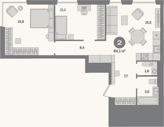 Планировка: 2-к, 64,1 м²