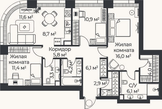 Планировка: 4+ к, 91,1 м²