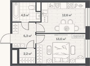 Планировка: 1-к, 37,6 м²