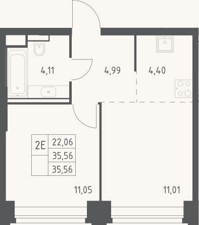 Планировка: 2-к, 35,6 м²