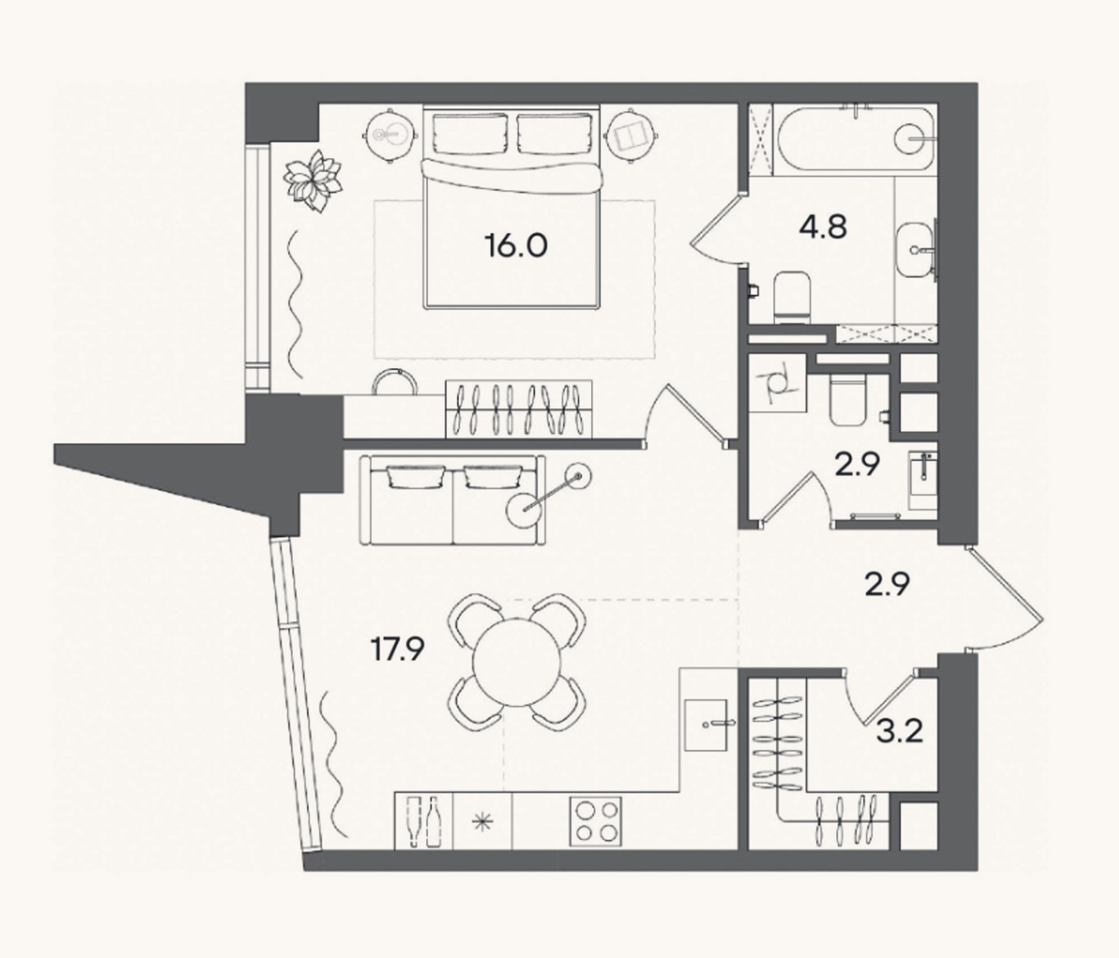 Планировка: 2-к, 47,7 м²