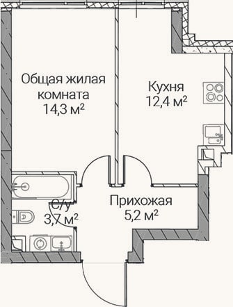 Планировка: 1-к, 35,6 м²