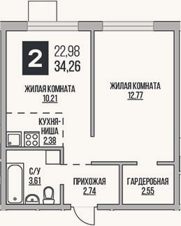 Планировка: 2-к, 34,3 м²
