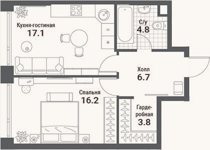 Планировка: 2-к, 48,6 м²