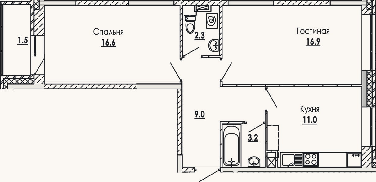 Планировка: 2-к, 59 м²