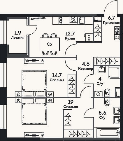 Планировка: 2-к, 67,3 м²