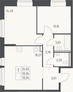 Планировка: 3-к, 55,9 м²