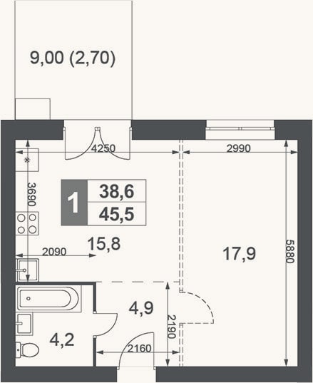 Планировка: 1-к, 42,8 м²