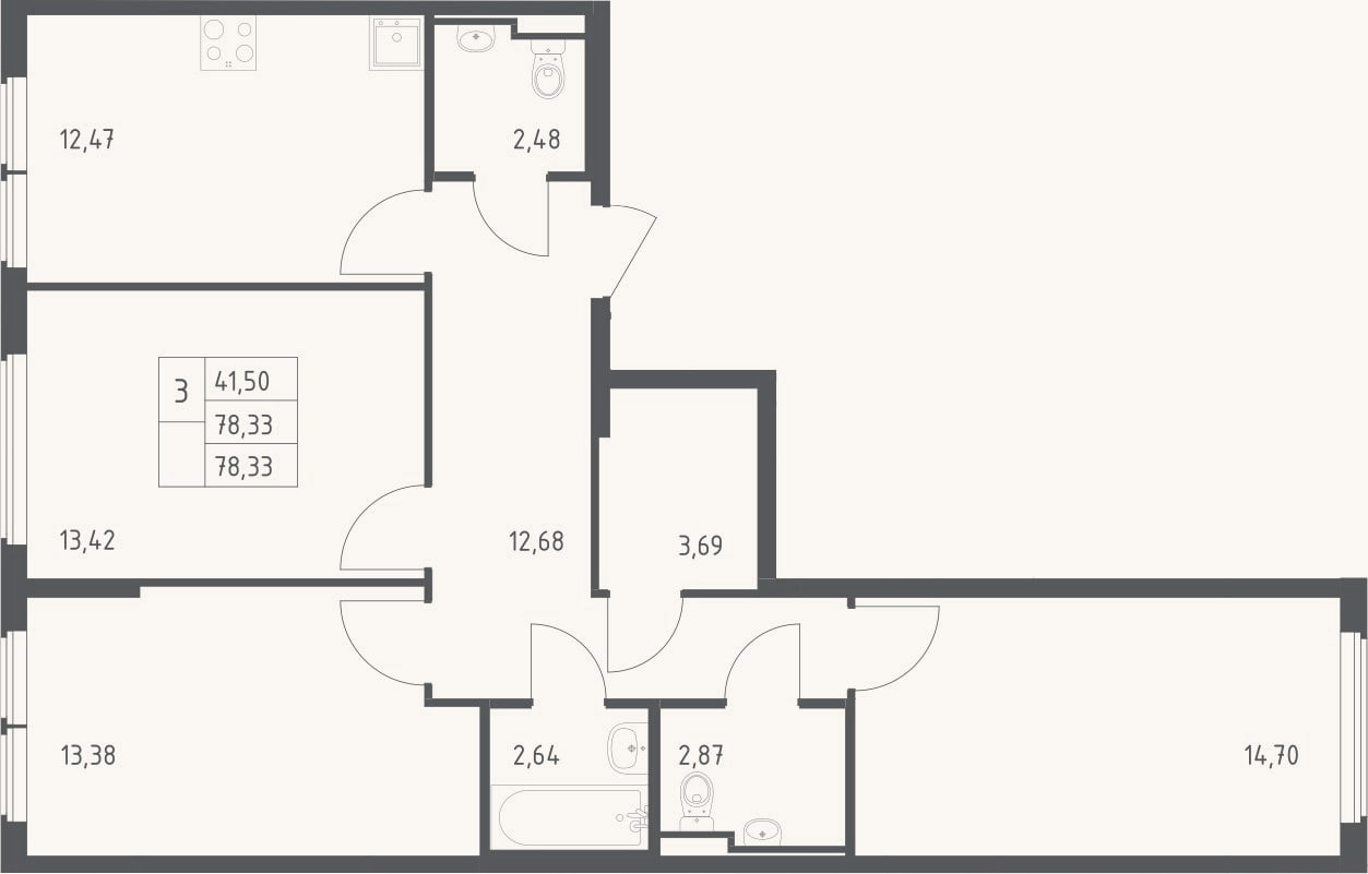 Планировка: 3-к, 78,3 м²