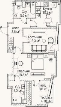 Планировка: 2-к, 68,7 м²