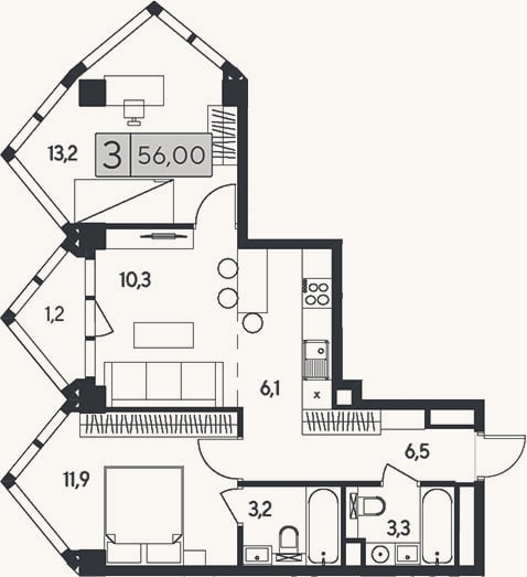 Планировка: 3-к, 54,8 м²