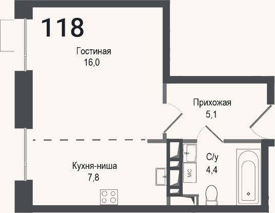 Планировка: Студия, 33,3 м²