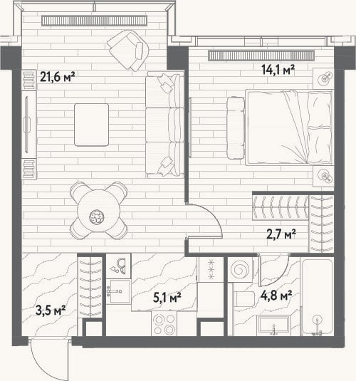 Планировка: 2-к, 51,8 м²