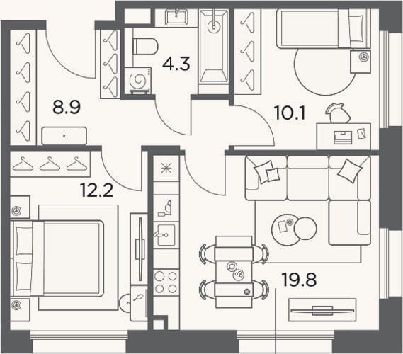 Планировка: 2-к, 55,3 м²