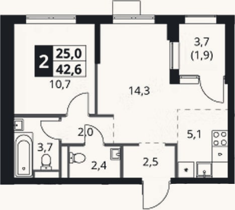 Планировка: 2-к, 40,7 м²