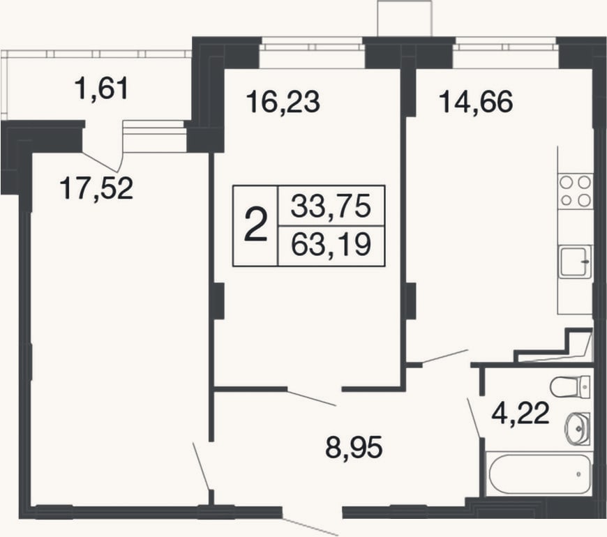 Планировка: 2-к, 61,6 м²