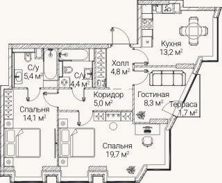 Планировка: 3-к, 73,8 м²