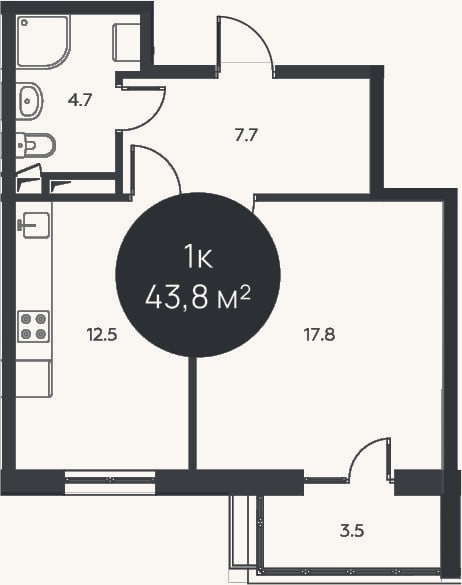 Планировка: 2-к, 42,7 м²