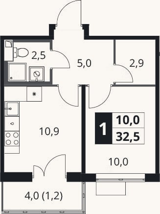 Планировка: 1-к, 31,3 м²
