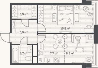 Планировка: 2-к, 44,8 м²