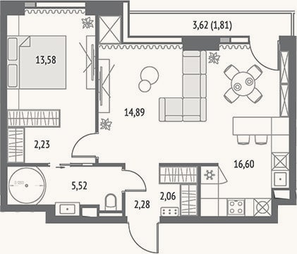 Планировка: 2-к, 55,4 м²