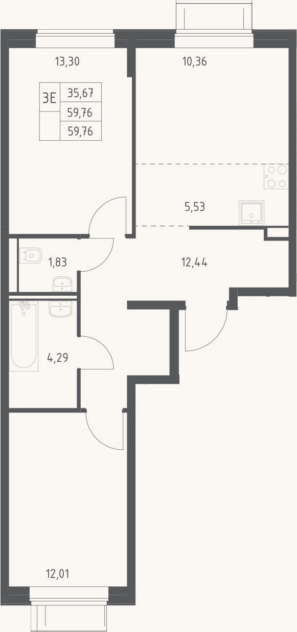Планировка: 3-к, 59,8 м²