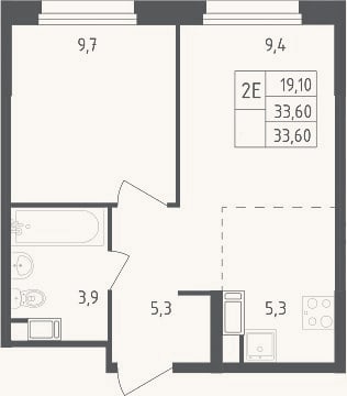 Планировка: 2-к, 33,6 м²