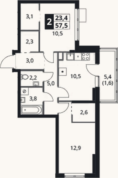 Планировка: 2-к, 55,9 м²