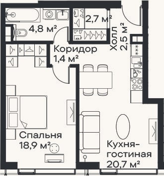 Планировка: 2-к, 51 м²