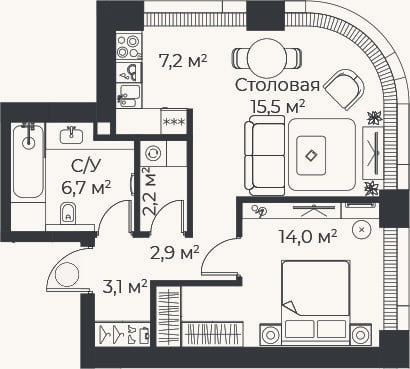 Планировка: 2-к, 51,6 м²