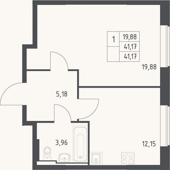 Планировка: 1-к, 41,2 м²