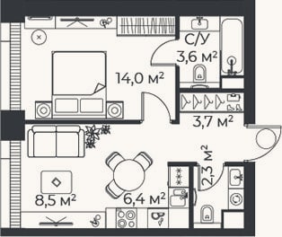 Планировка: 2-к, 38,5 м²