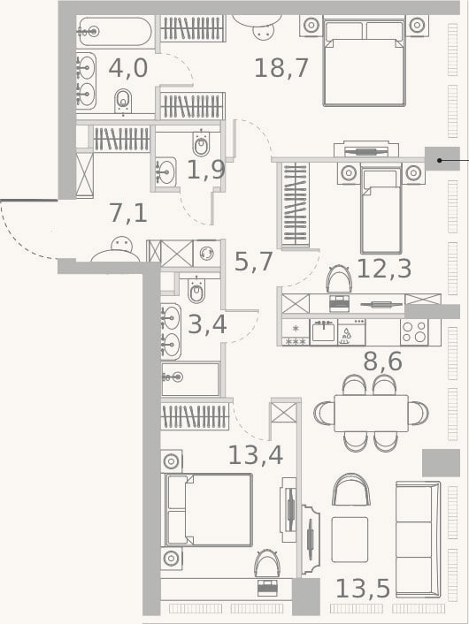 Планировка: 4+ к, 88,6 м²