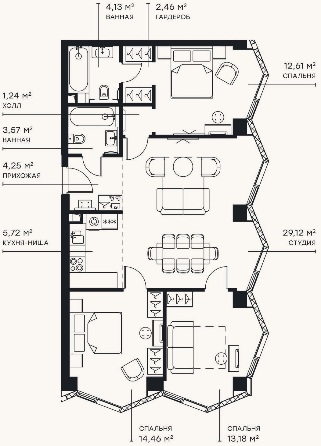 Планировка: 4+ к, 90,7 м²