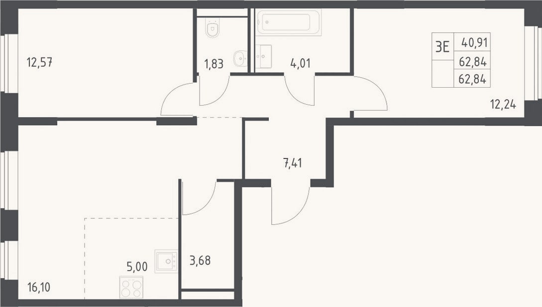 Планировка: 3-к, 62,8 м²
