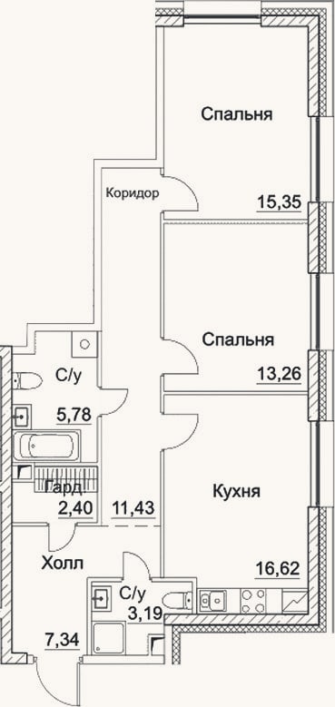 Планировка: 3-к, 75,4 м²