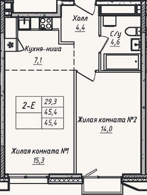 Планировка: 2-к, 45,4 м²