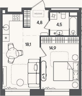 Планировка: 2-к, 42,3 м²