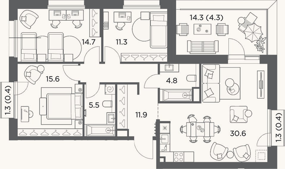 Планировка: 3-к, 94,4 м²