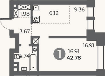 Планировка: 1-к, 42,8 м²