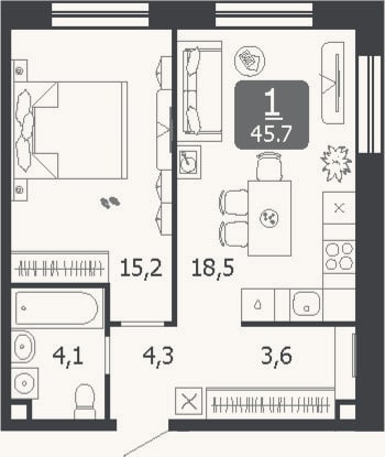 Планировка: 2-к, 45,7 м²