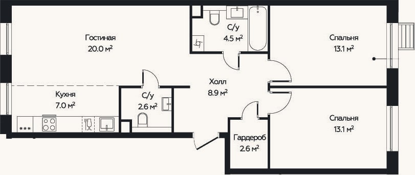 Планировка: 3-к, 69,5 м²
