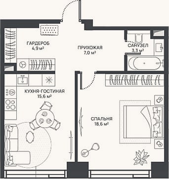 Планировка: 2-к, 49,4 м²