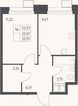 Планировка: 1-к, 34 м²
