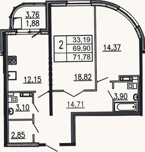 Планировка: 2-к, 68,9 м²
