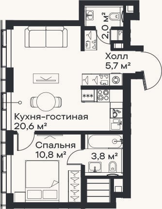 Планировка: 2-к, 42,9 м²