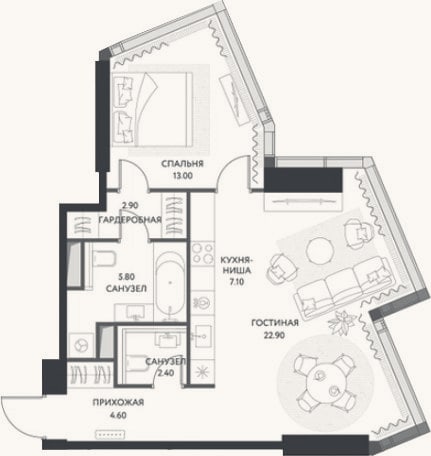 Планировка: 2-к, 58,7 м²