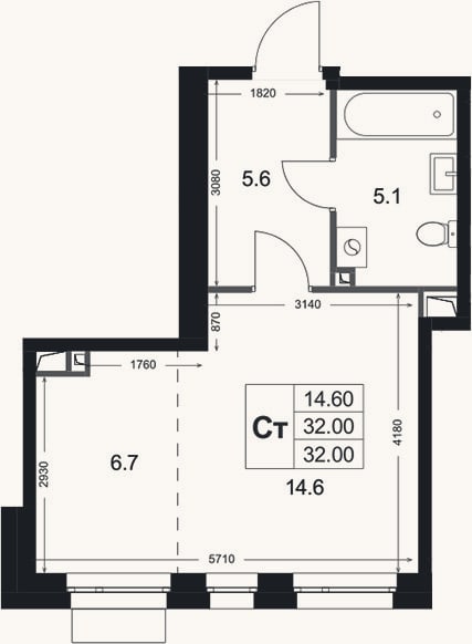 Планировка: Студия, 32 м²