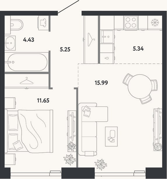 Планировка: 1-к, 42,7 м²